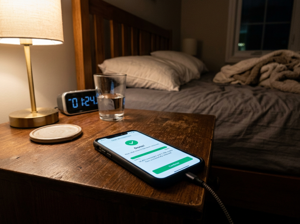 Phone on wooden nightstand showing health app confirmation, glass of water, digital clock reading 01:24 AM, lamp, and bed in background