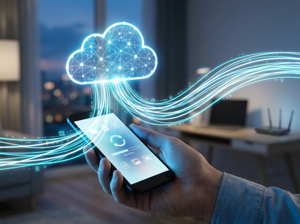 Smartphone displaying syncing progress with digital cloud icon and data streams