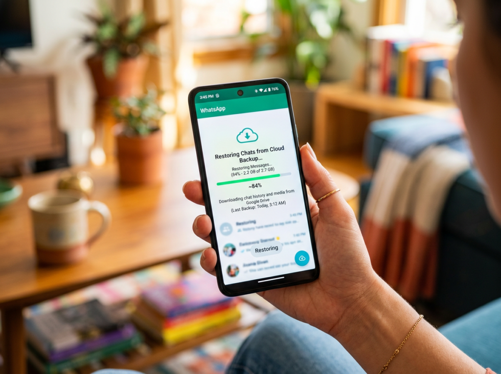 Smartphone screen displaying WhatsApp restoring chats from cloud backup at 84% progress