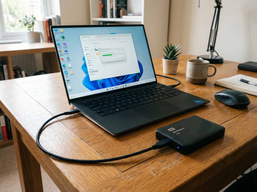 Laptop transferring files to a connected external hard drive on a wooden desk