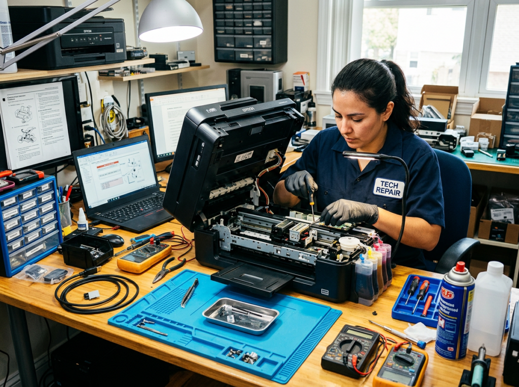 Technician repairing an open printer with tools and diagnostic equipment