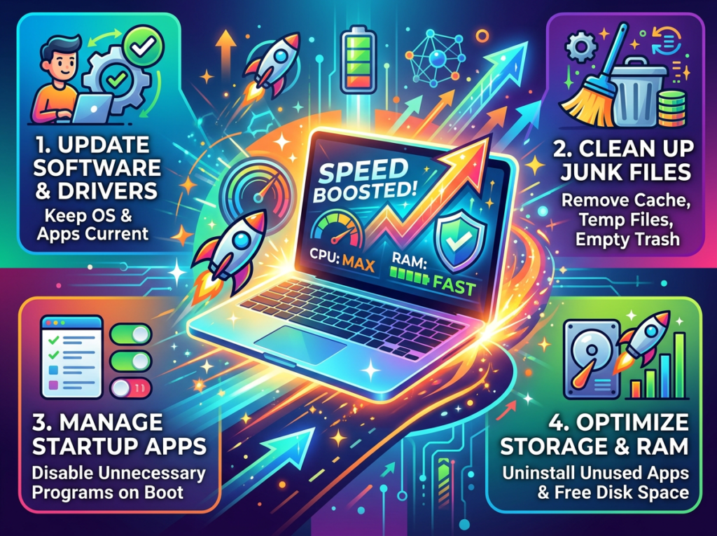 Steps to update software, clean junk files, manage startup apps, and optimize storage for faster laptop performance