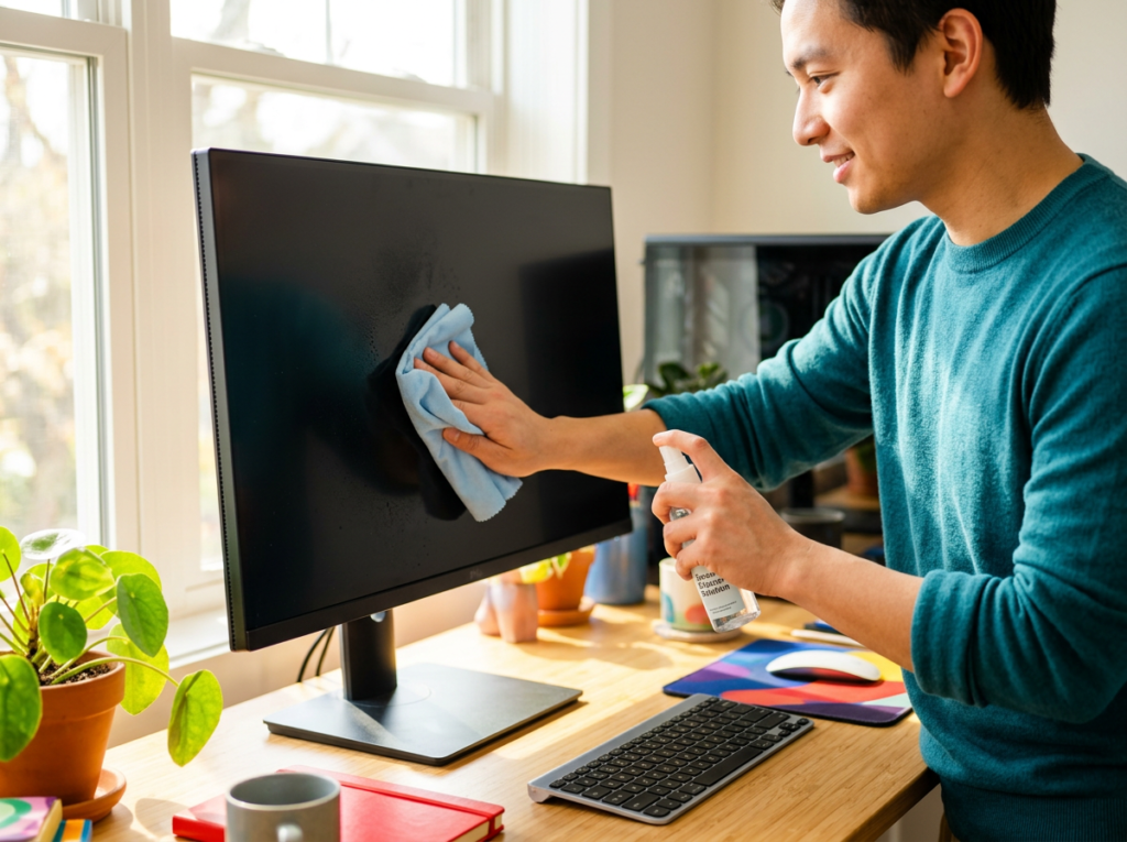 Person cleaning a desktop computer monitor with a cloth and spray bottle