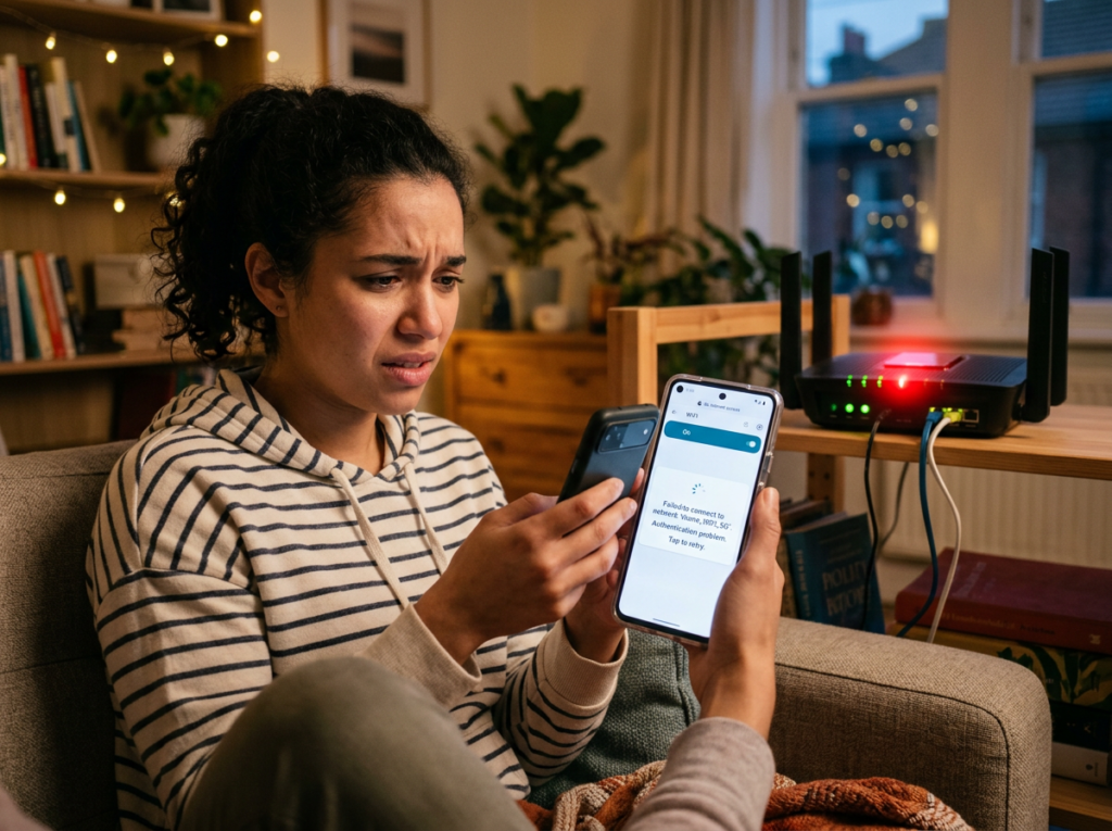 Woman looking worried at smartphone showing WiFi authentication error, with router in background