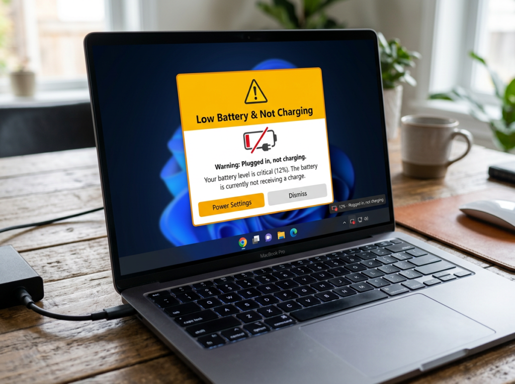 Laptop screen showing low battery 12% and not charging warning dialog