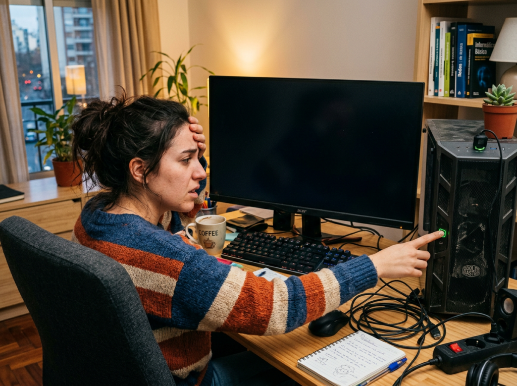 Worried woman pressing power button on desktop computer