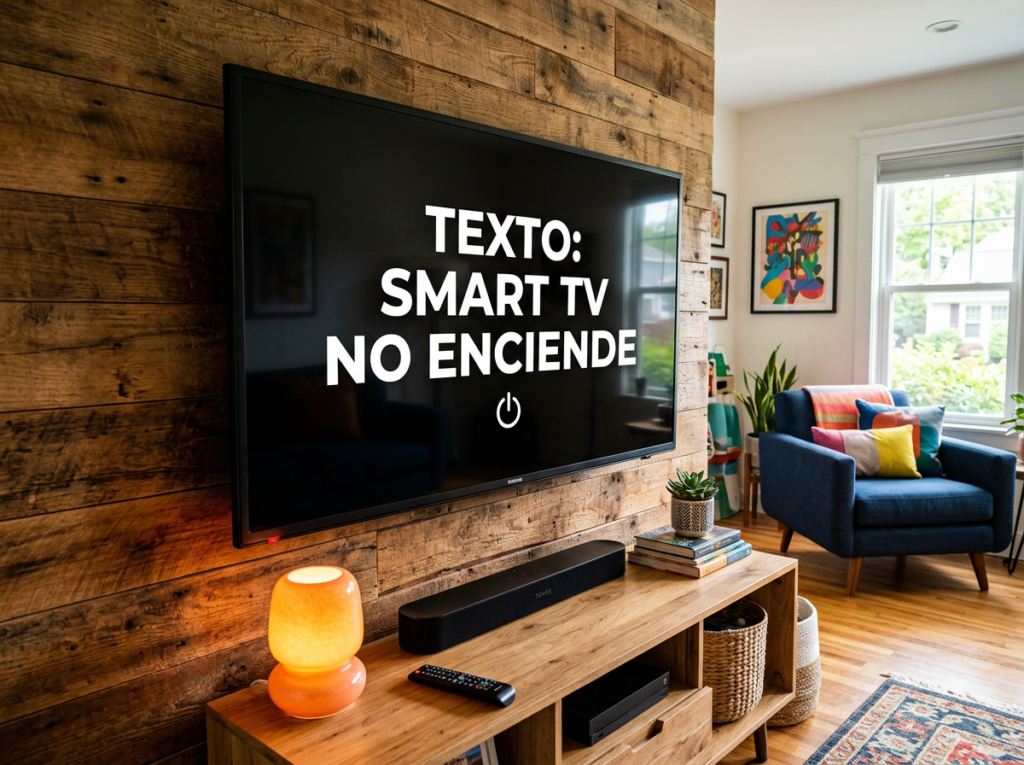 Smart TV on wooden wall showing text 'Texto: Smart TV no enciende' with power button icon