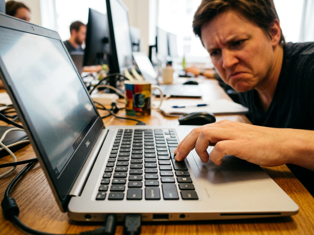 Person with frustrated expression using a laptop keyboard at a desk.