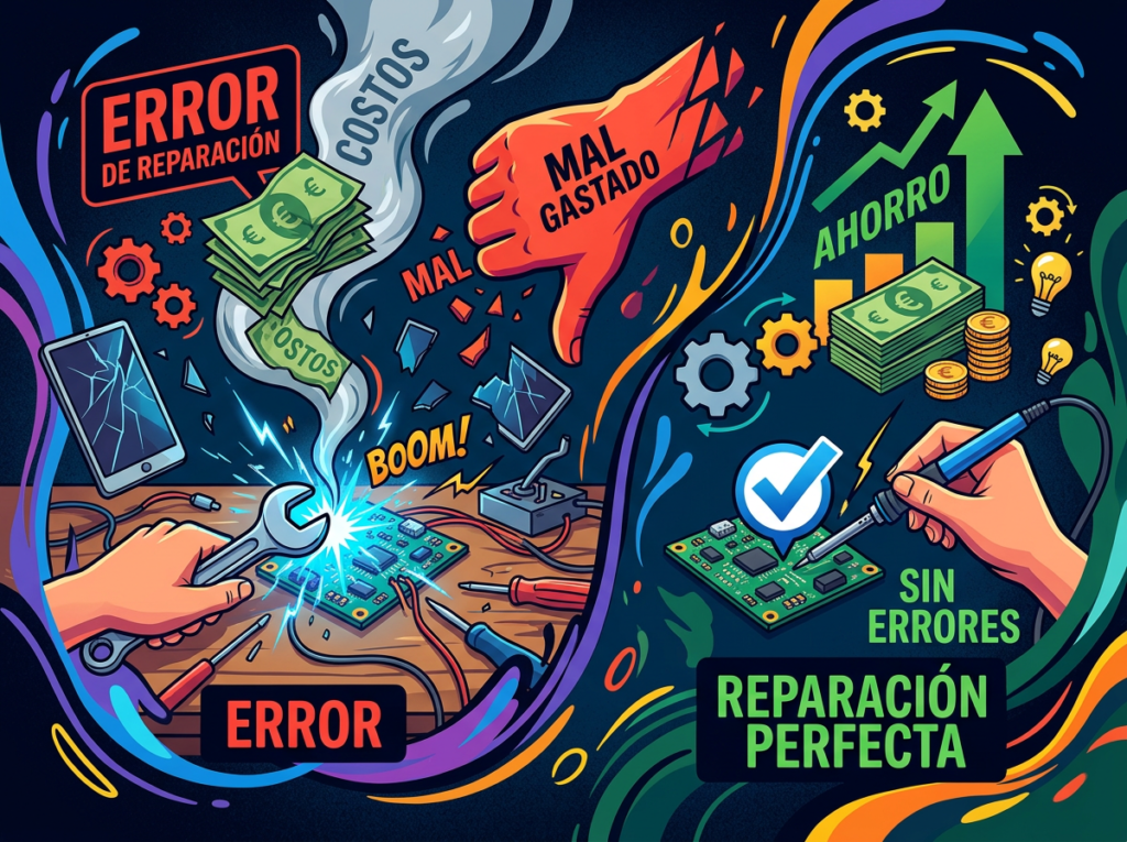 Split illustration showing failed costly electronic repair on the left and successful perfect repair on the right