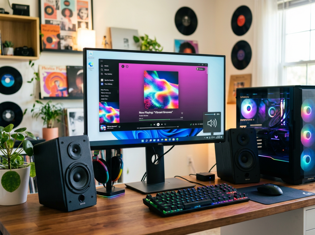 RGB-lit gaming PC with speakers, keyboard, mouse, and music streaming on screen