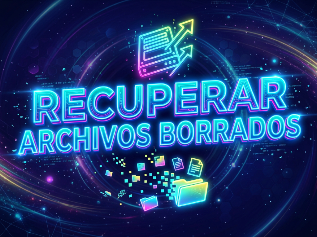Neon glowing text 'RECUPERAR ARCHIVOS BORRADOS' with digital folder and file icons