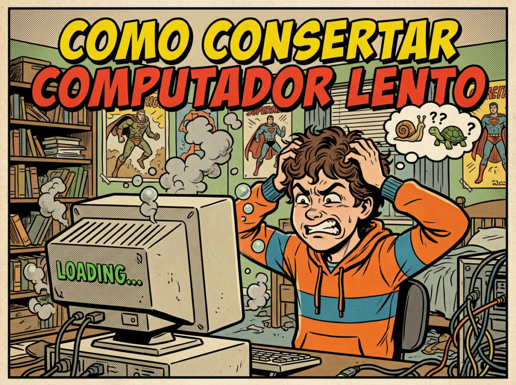 Frustrated person holding head near slow, smoking computer with loading screen.