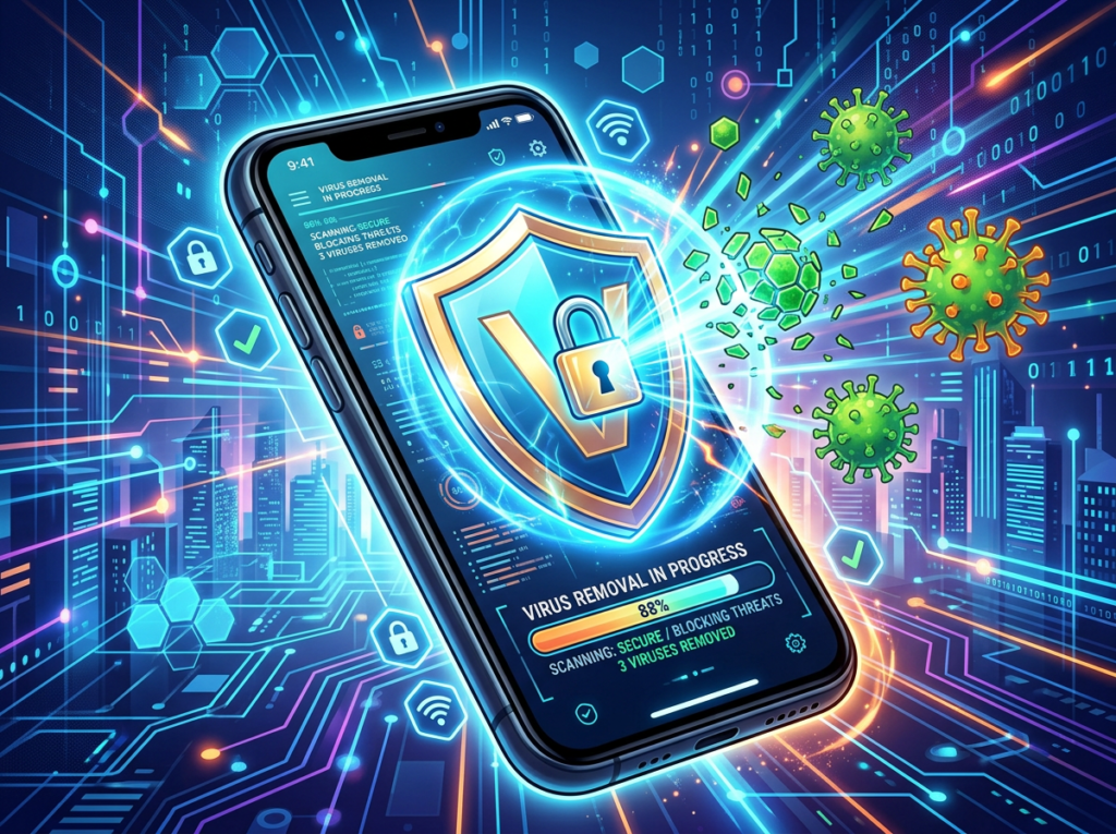Smartphone screen displaying virus removal progress at 88%, with shield icon blocking viruses