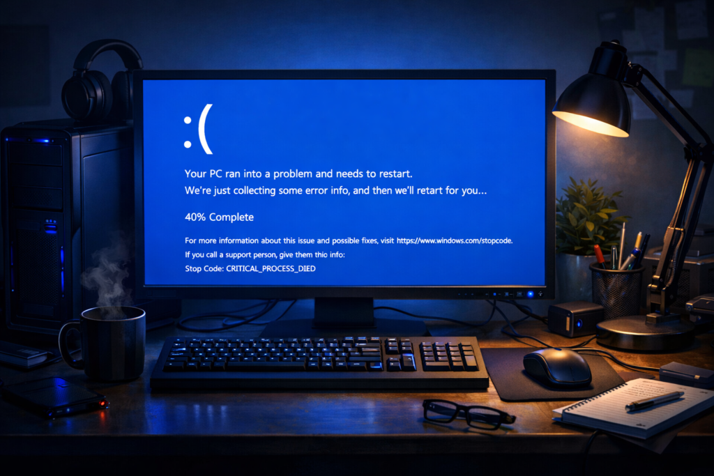 Windows blue screen error with stop code CRITICAL_PROCESS_DIED on desktop monitor