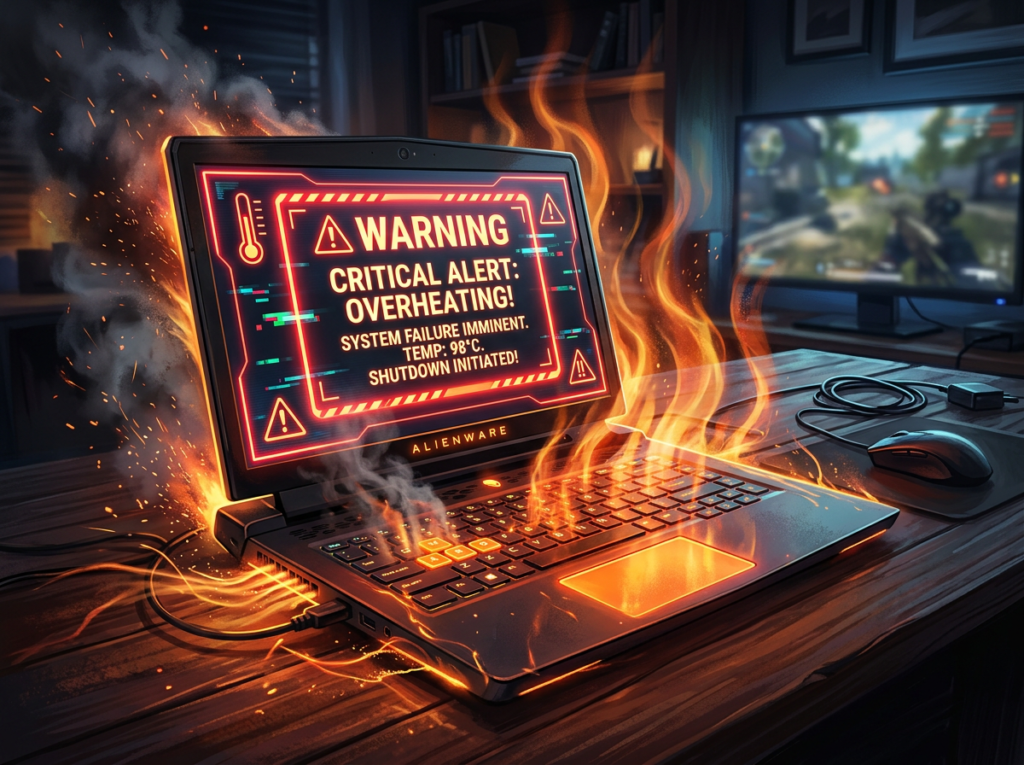 Gaming laptop with warning message about overheating at 98 degrees Celsius, flames and smoke coming from keyboard.