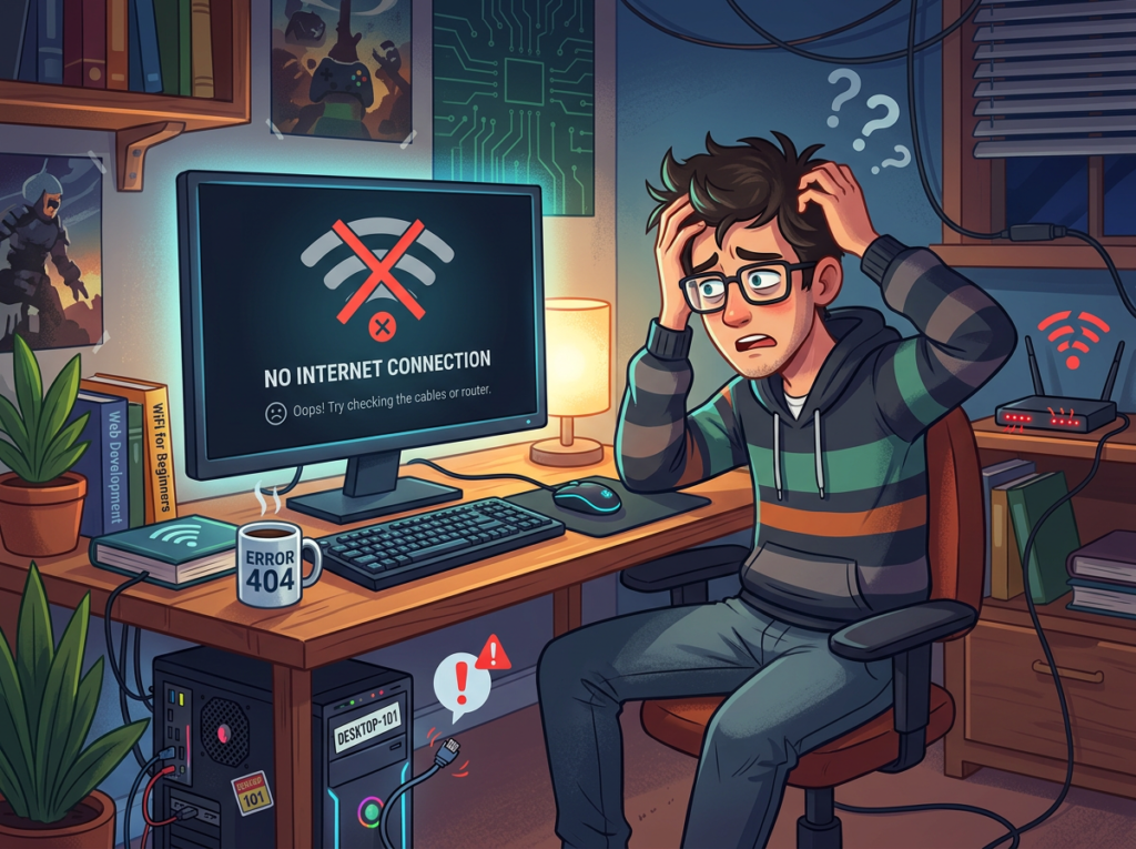 Person frustrated by no internet connection on computer
