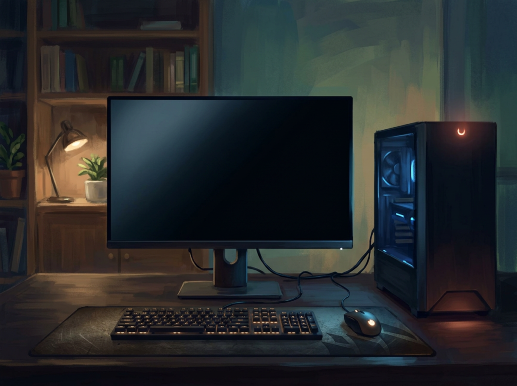 Gaming desktop computer with monitor, keyboard, and mouse on desk