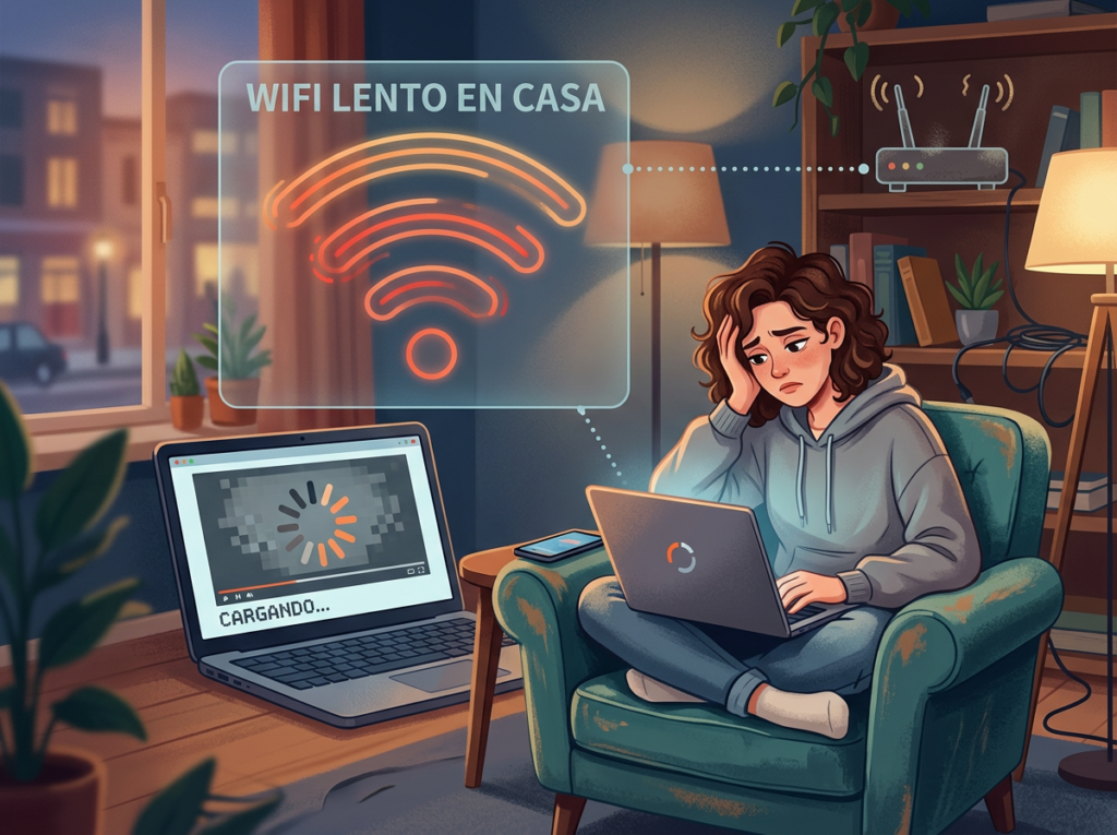 Person frustrated by slow WiFi at home with buffering laptop screens