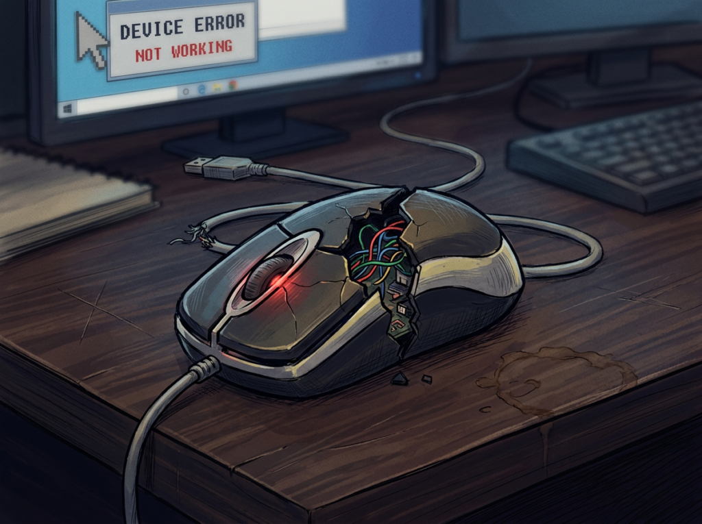 Cracked wired computer mouse with exposed wires and red light on wooden desk
