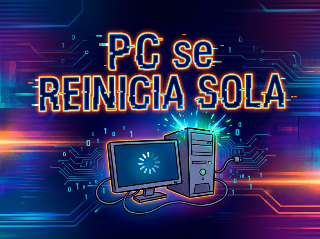 Illustration of a desktop computer with a loading icon and unplugged power cord showing automatic restart