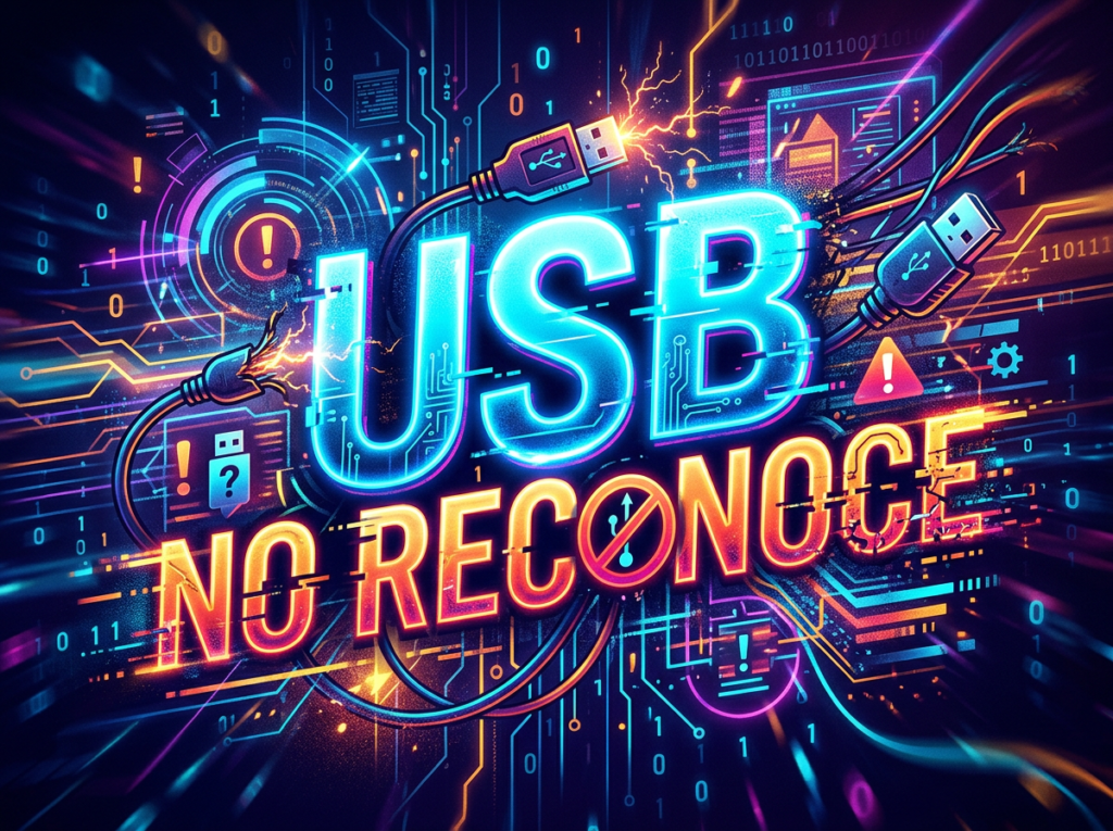 USB cables sparking with error symbols and 'USB NO RECONOCE' text