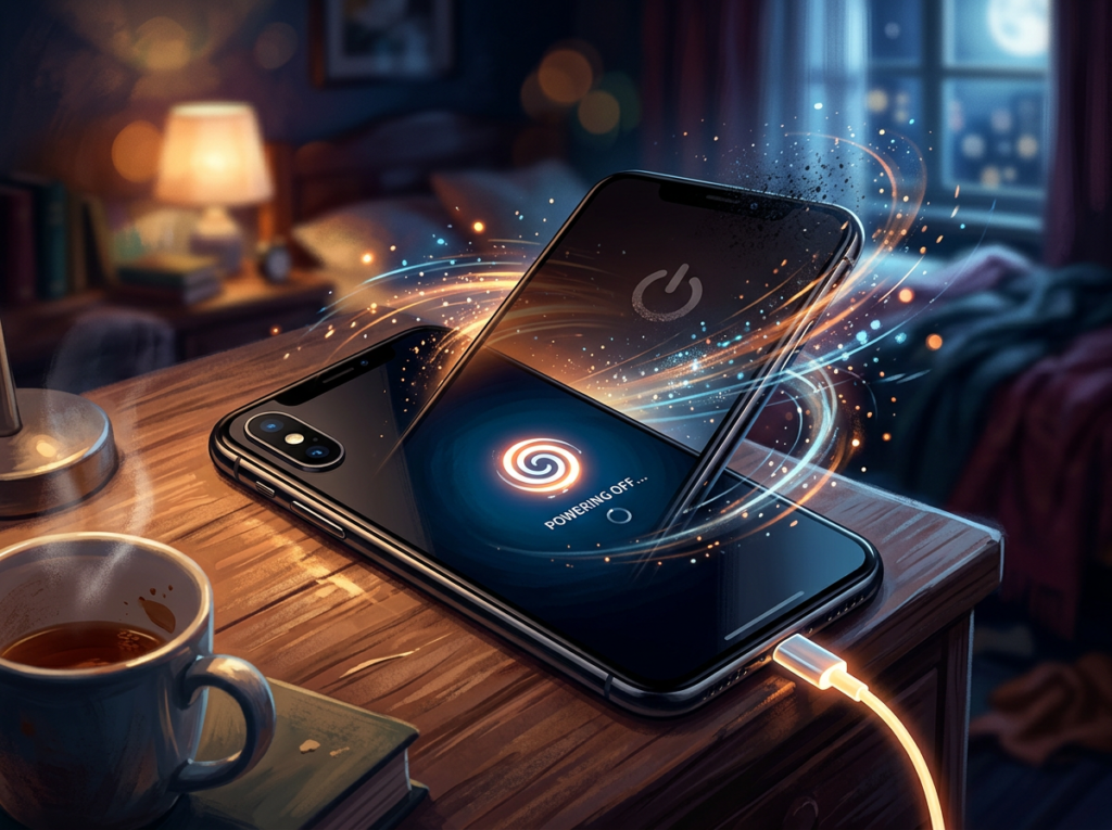Smartphone on nightstand powering off with glowing swirl and power symbol