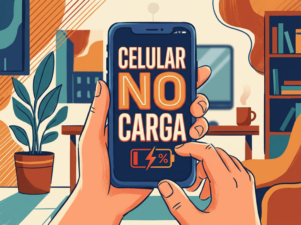 Phone screen displaying 'CELULAR NO CARGA' warning with low battery symbol.