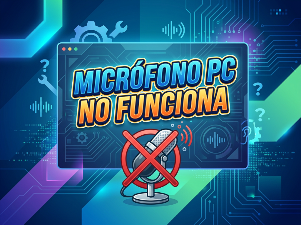 Microphone with a red prohibition symbol and text saying 'Micrófono PC No Funciona'