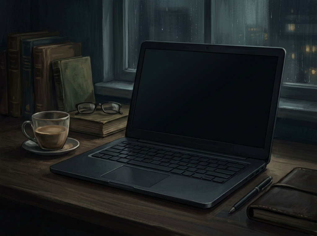 Laptop, coffee cup, stack of books, glasses, pen, and journal on a wooden desk by a window with rain outside