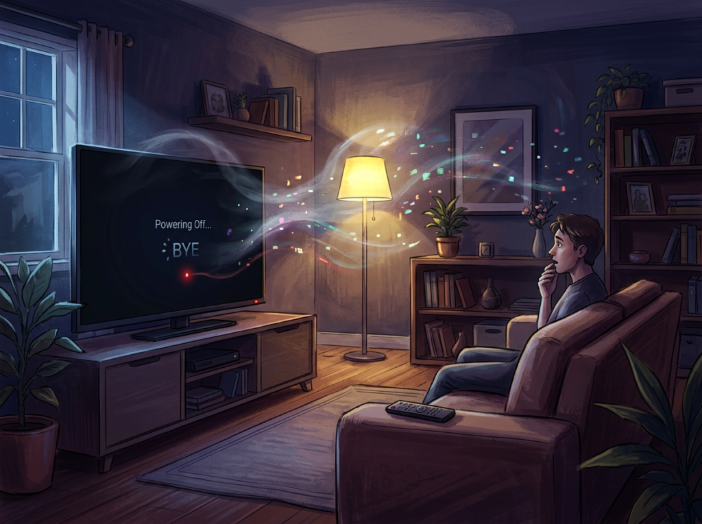 A young man sitting on a couch watching a TV displaying the message 'Powering Off... BYE'