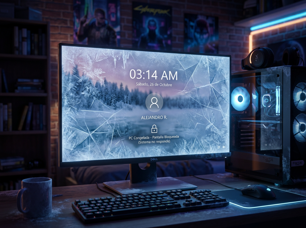 Computer monitor with frozen lock screen showing 03:14 AM and system not responding message
