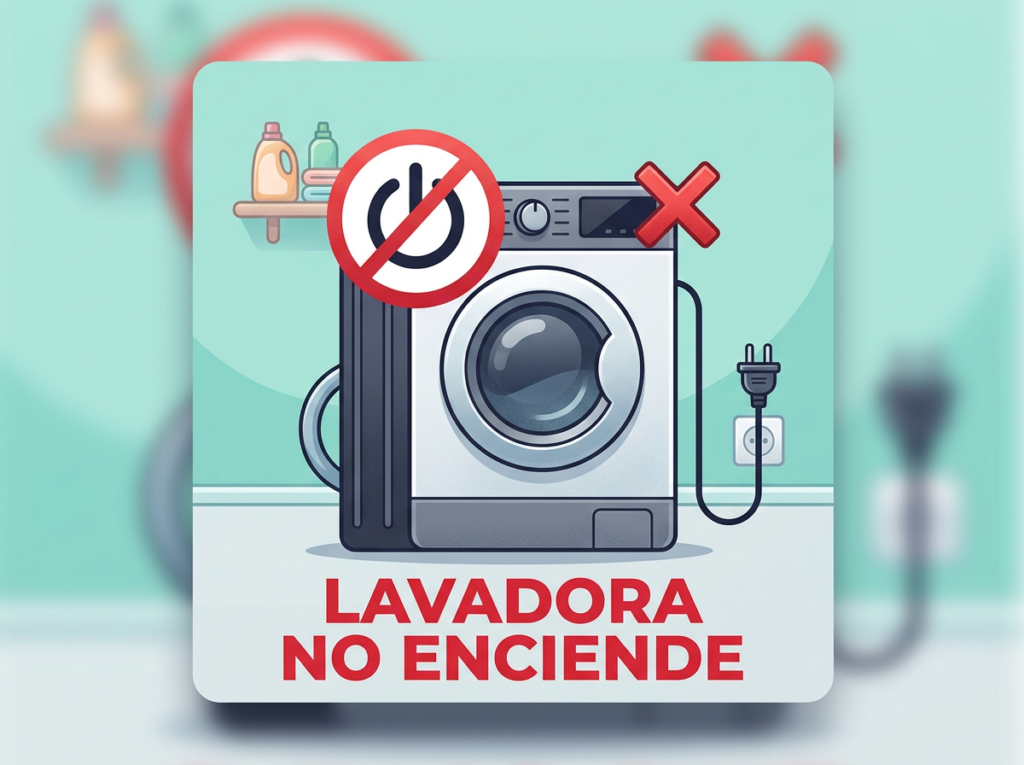 Washing machine with power symbol crossed out and red X indicating it does not turn on