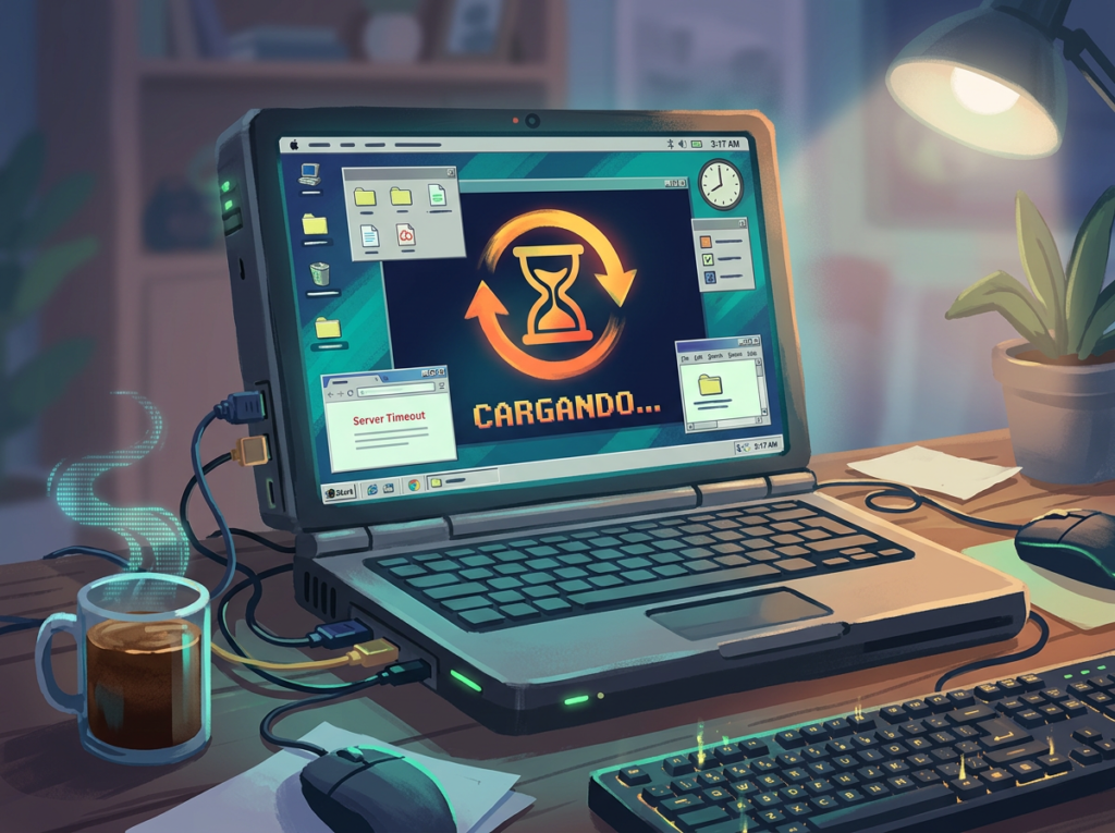 Laptop screen displaying hourglass loading icon with text 'CARGANDO' and server timeout message