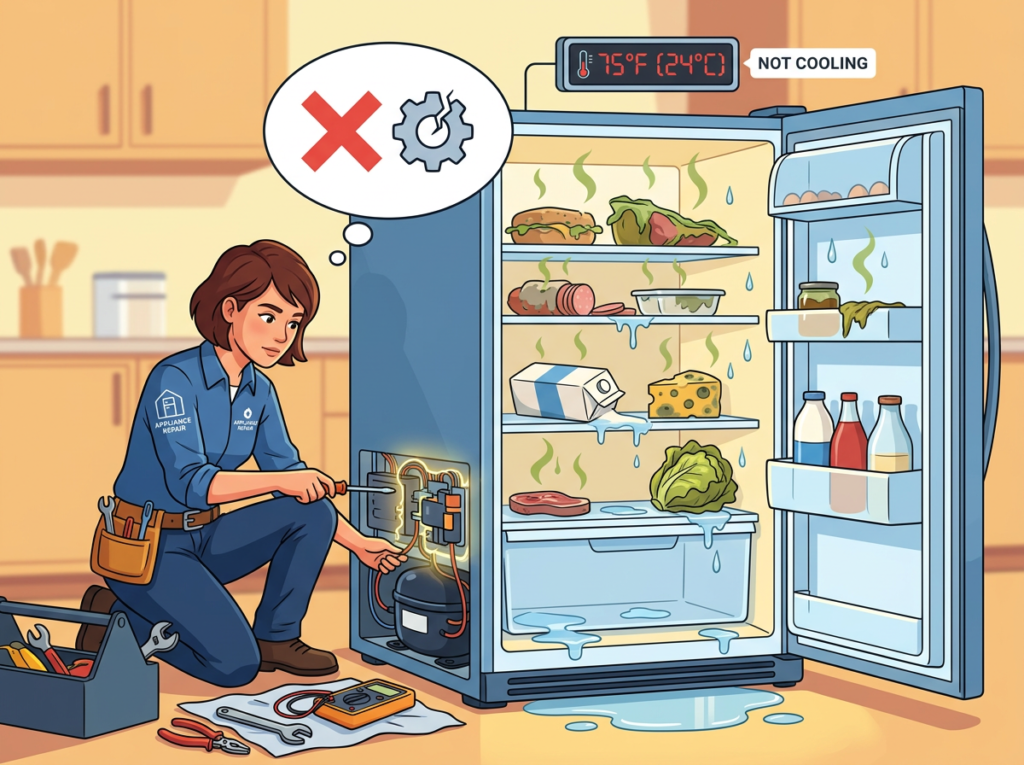 Technician repairing a leaking refrigerator with spoiled food inside and temperature showing 75°F