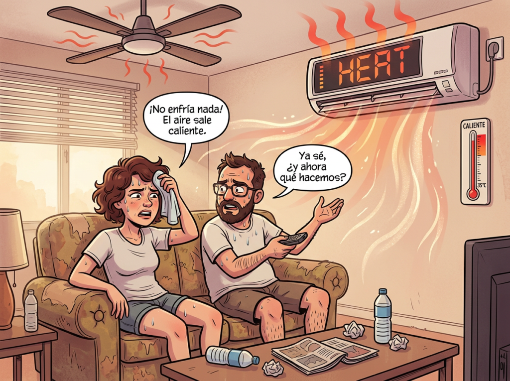 Couple sweating sitting on couch with air conditioner showing heat mode