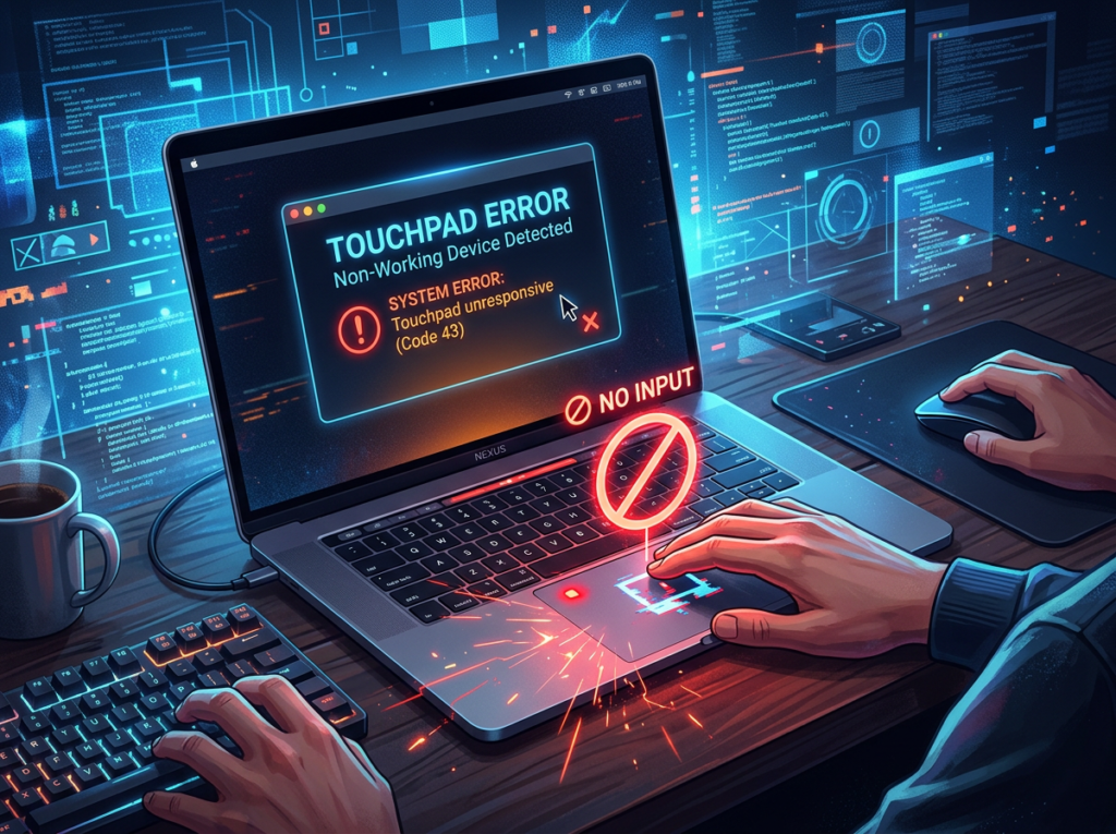 Laptop screen showing touchpad error message and user's hand on external mouse