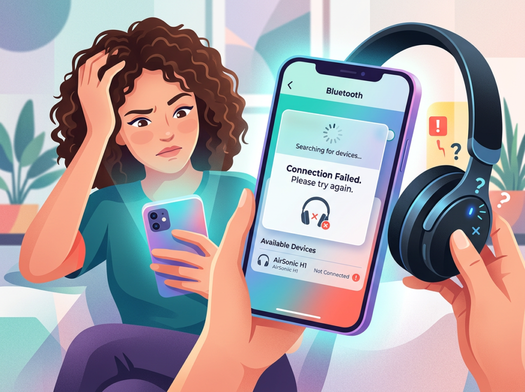 Frustrated person holding phone showing Bluetooth connection failed message and wireless headphones