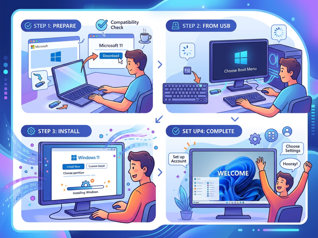 Four-panel illustration showing steps to download, boot from USB, install, and complete setup of Windows 11