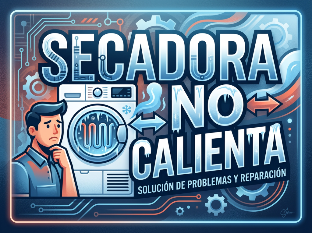 Illustration of a worried man next to a dryer with frost and cold air, with text about dryer not heating and repair solutions.