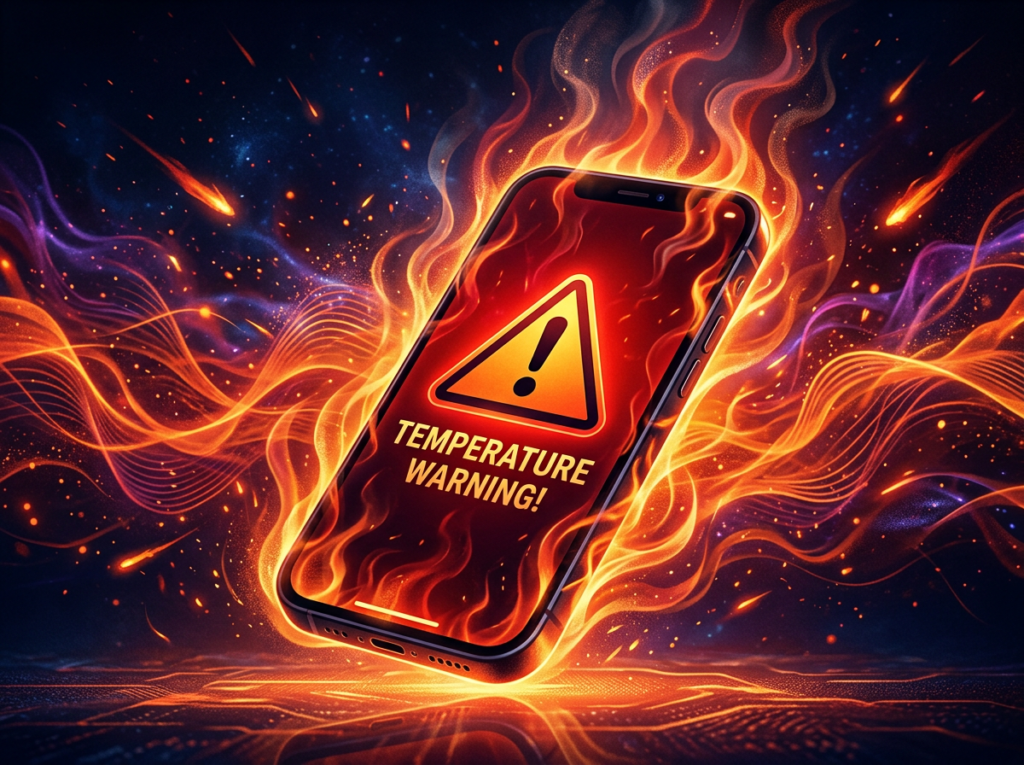 Smartphone screen showing a temperature warning alert with flames around it