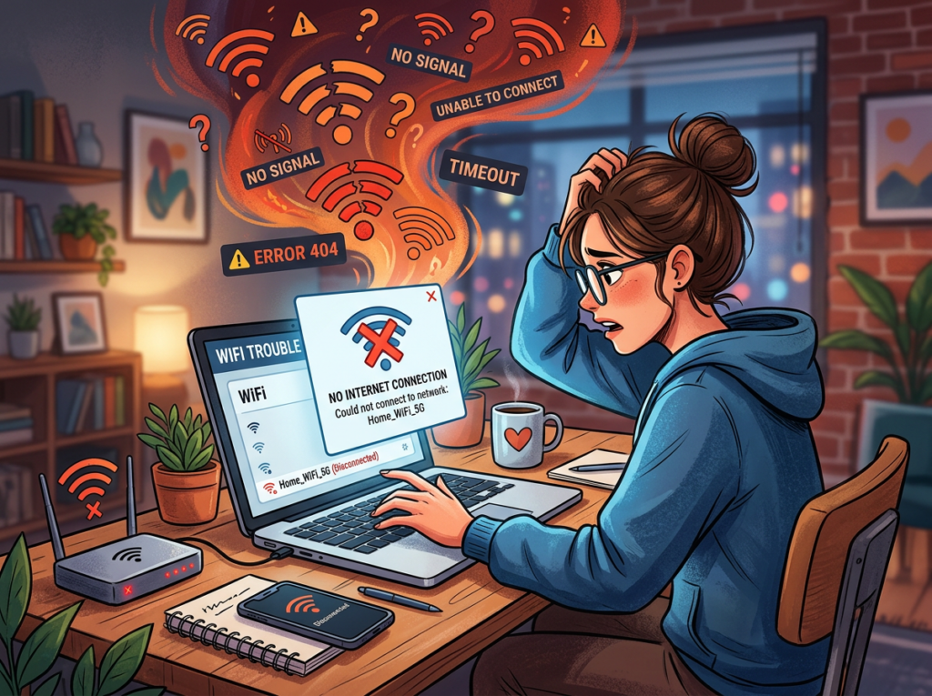 Woman at desk frustrated by no internet connection error on laptop