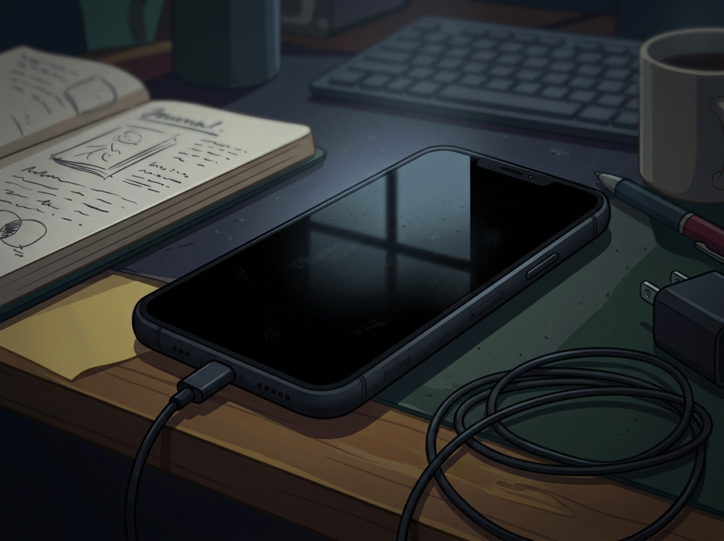 Smartphone charging on desk next to journal, keyboard, pen, and coffee cup