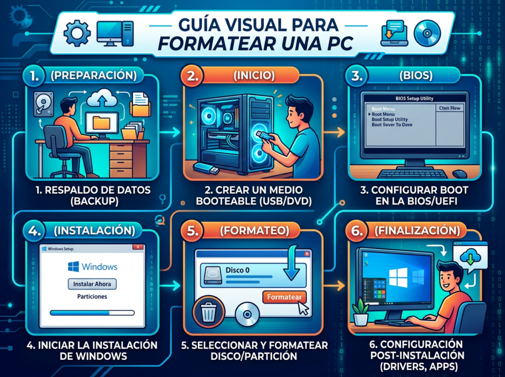 Six-step visual guide to formatting a PC including backup, creating bootable media, BIOS boot configuration, Windows installation, disk formatting, and post-installation setup.