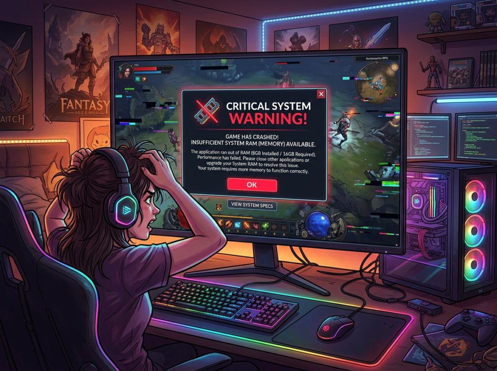 Gamer frustrated by critical system warning and game crash due to insufficient RAM.