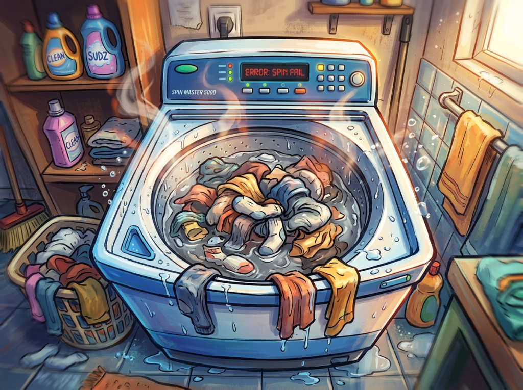 Washing machine overflowing with clothes and water showing spin fail error