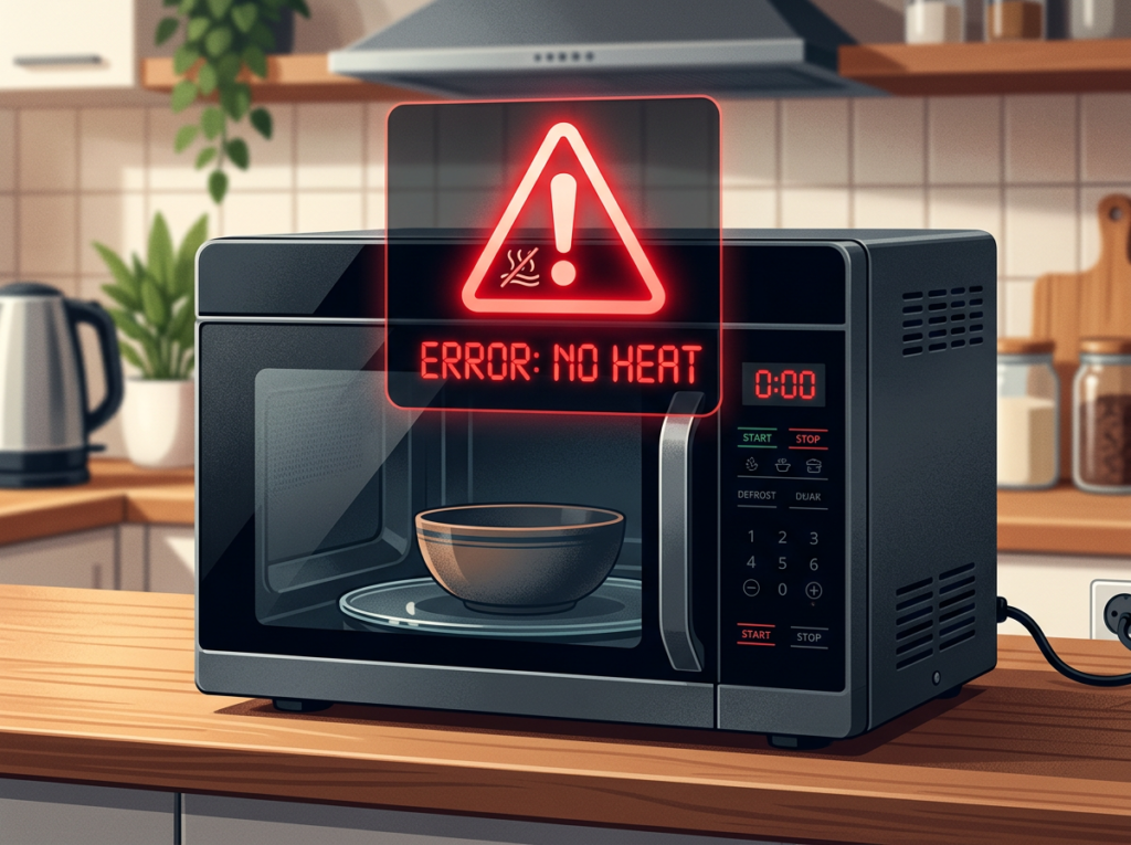 Microwave oven with error message 'ERROR: NO HEAT' displayed on the screen