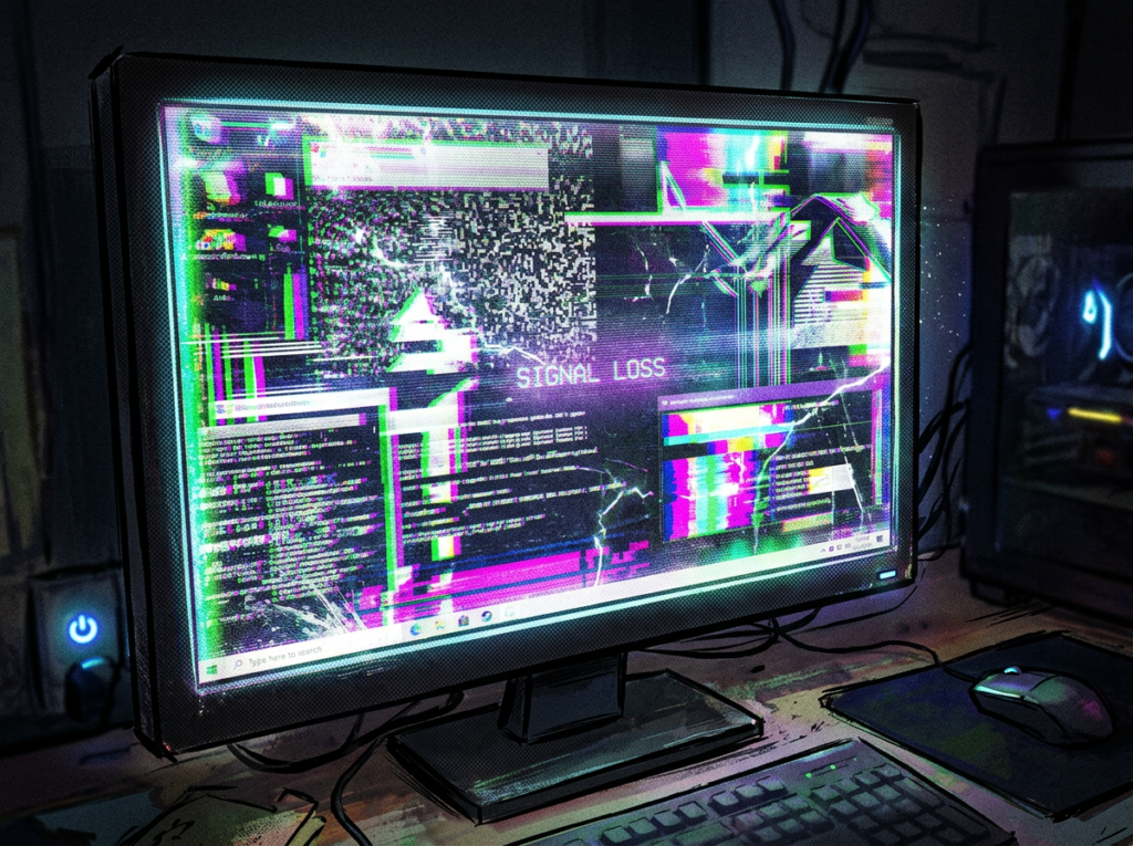 Computer monitor showing glitchy screen with signal loss message and distorted colors