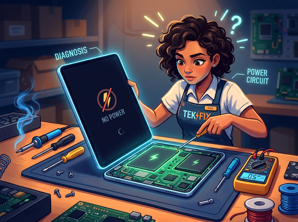 Technician diagnosing laptop power circuit showing no power warning