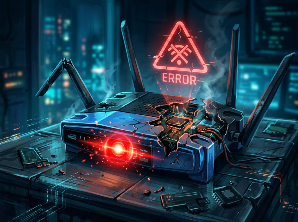 Futuristic router with cracked casing, steaming circuits, and red error warning